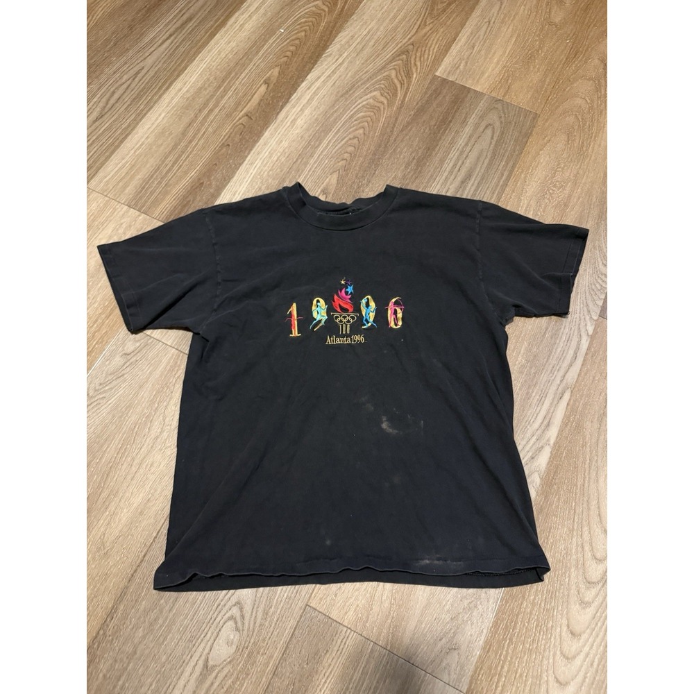 Hanes T-Shirt Mens L Black Vintage 1996 Atlanta Olympics Embroidered USA Tee